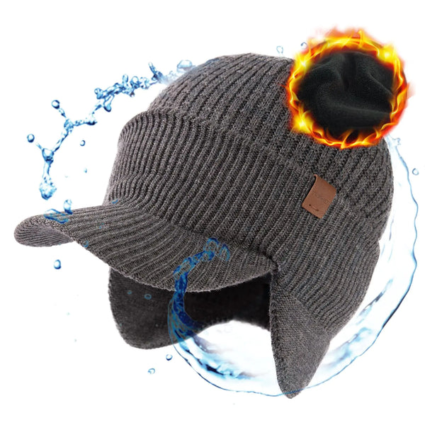 TOP-EX Mens Merino Wool Waterproof Beanie with Brim Ear Warmers Winter Hats for Women Warm Fleece Lined for Cold Weather Ski Running Grey S/M