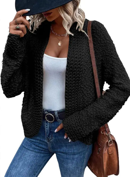 Women's  Fashion Casual Open Front Long Sleeve Chunky Knit Cardigan Sweaters Outerwear Coats X-Large Black