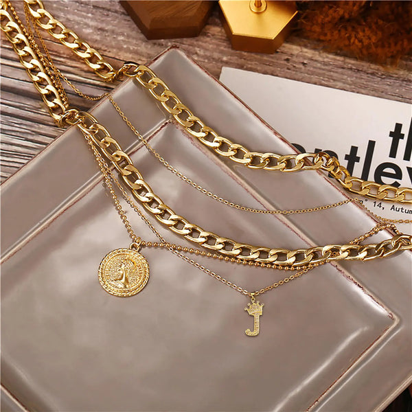 MJartoria Gold Layered Necklaces for Women Trendy Retro Coin Pendant Necklace Dainty Chunky Chain Choker Necklaces for Jewelry Birthday Gifts Crown+Letter J-3PCS