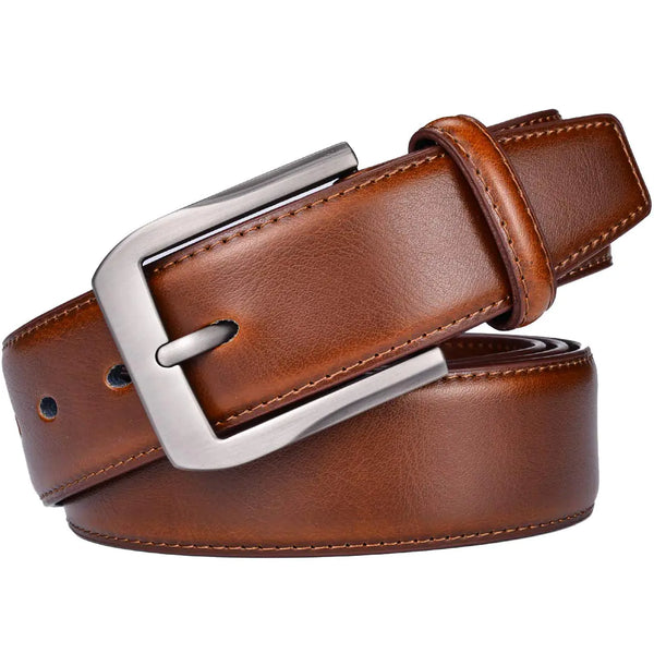 beltox Fine Men’s Casual Leather Jeans Belts 1 1/2” Wide 4MM Thick Alloy Prong Buckle Work Dress Belt for Men Brown Belt With Silver Buckle 30-32