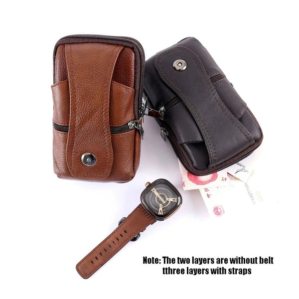 Men Leather Large Capacity Belt Bag Brown Shoulder Crossbody Multi-layer Buckle Mobile Phone Bag