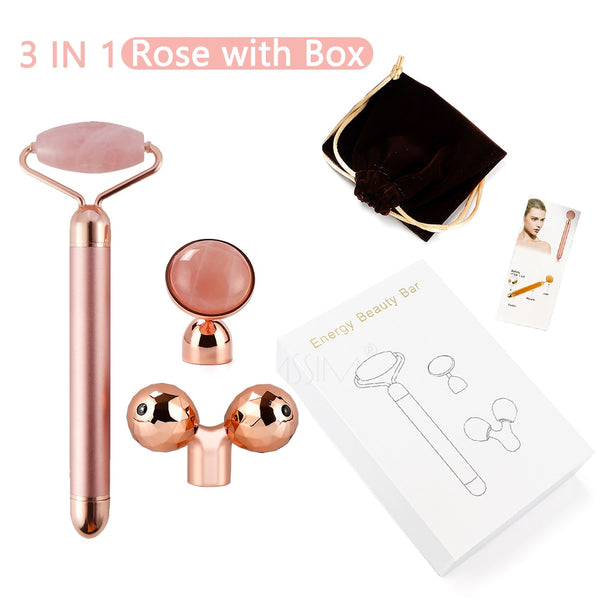 3 In 1 Electric Jade Slimming Face Massage Roller Lifting Vibrating Natural Rose Quartz Jade Roller Stone