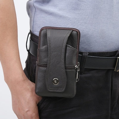 Men Leather Large Capacity Belt Bag Brown Shoulder Crossbody Multi-layer Buckle Mobile Phone Bag