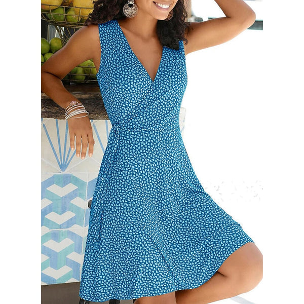 Casual Polka Dot V Neck Sleeveless Dress        Bandage Beach Summer Dress