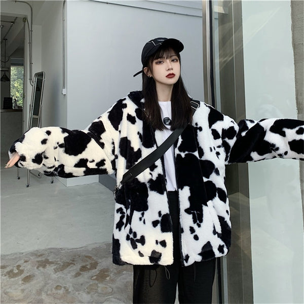 New Fashion Winter Coat Cows Printing Loose Full  Sleeves