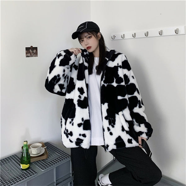 New Fashion Winter Coat Cows Printing Loose Full  Sleeves