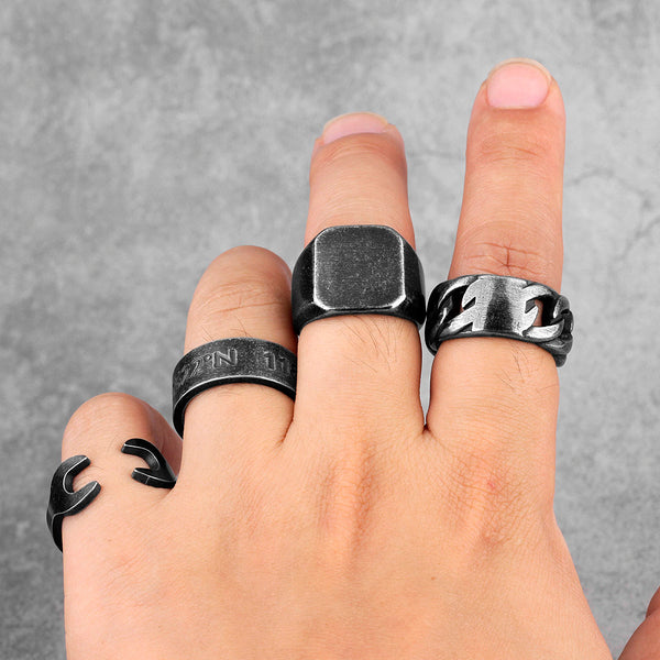 Retro Old Black Weave Cutout Stainless Steel Men's Rings Biker Jewelry