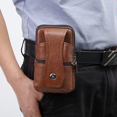 Men Leather Large Capacity Belt Bag Brown Shoulder Crossbody Multi-layer Buckle Mobile Phone Bag