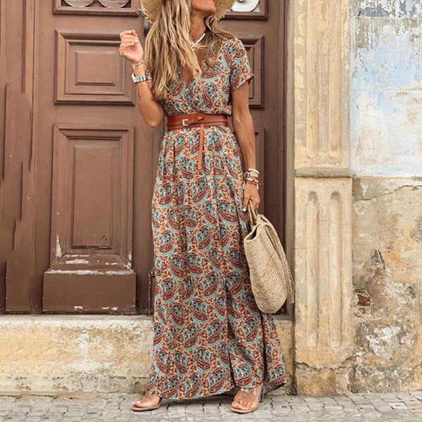 HOT SALE!! Boho V Neck Short Sleeve Paisley Print Long Summer Dress With Belt Large Hem