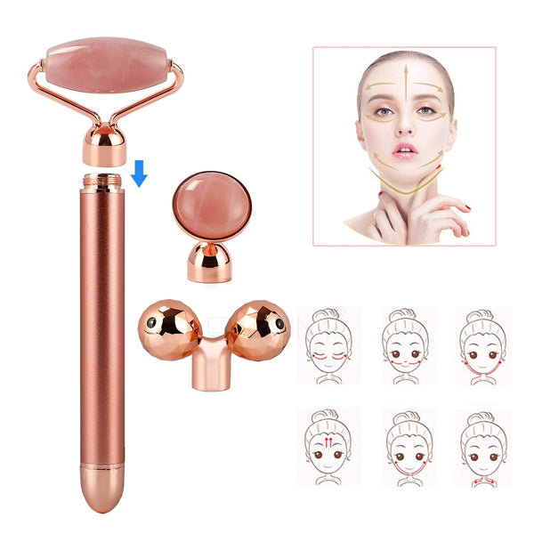 3 In 1 Electric Jade Slimming Face Massage Roller Lifting Vibrating Natural Rose Quartz Jade Roller Stone