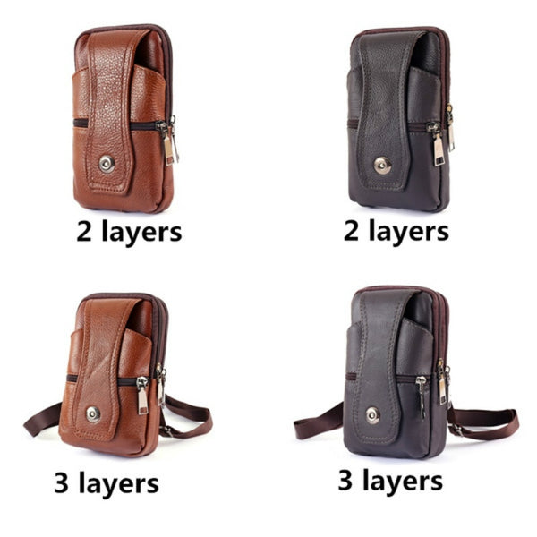 Men Leather Large Capacity Belt Bag Brown Shoulder Crossbody Multi-layer Buckle Mobile Phone Bag