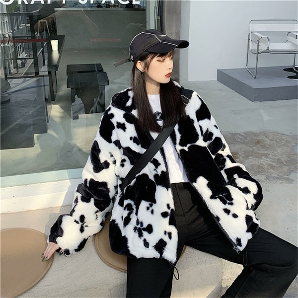 New Fashion Winter Coat Cows Printing Loose Full  Sleeves