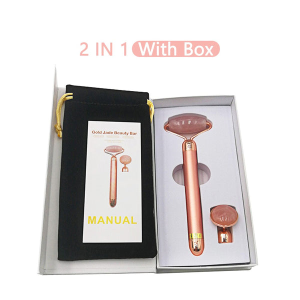 3 In 1 Electric Jade Slimming Face Massage Roller Lifting Vibrating Natural Rose Quartz Jade Roller Stone