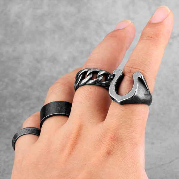 Retro Old Black Weave Cutout Stainless Steel Men's Rings Biker Jewelry