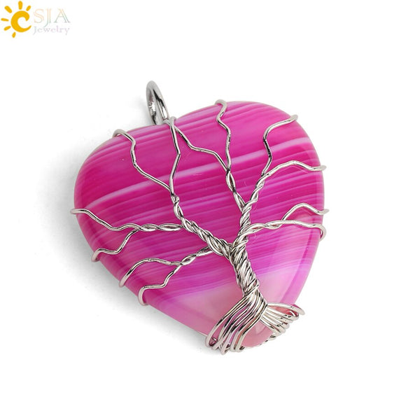 Tree of Life Wire Wrapped Love Heart Necklace  Pendant Suspension Natural Gem Stone Tiger Eye Pink Quartz Black Onyx