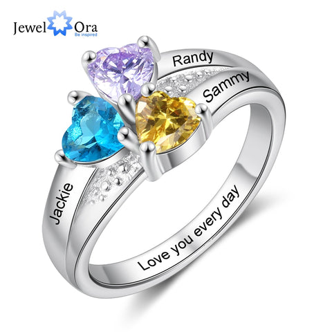 Personalized Silver Color Engraved Name Copper Rings for Women Customized 3 Heart Birthstones  Ring GIFT FOR MOM!