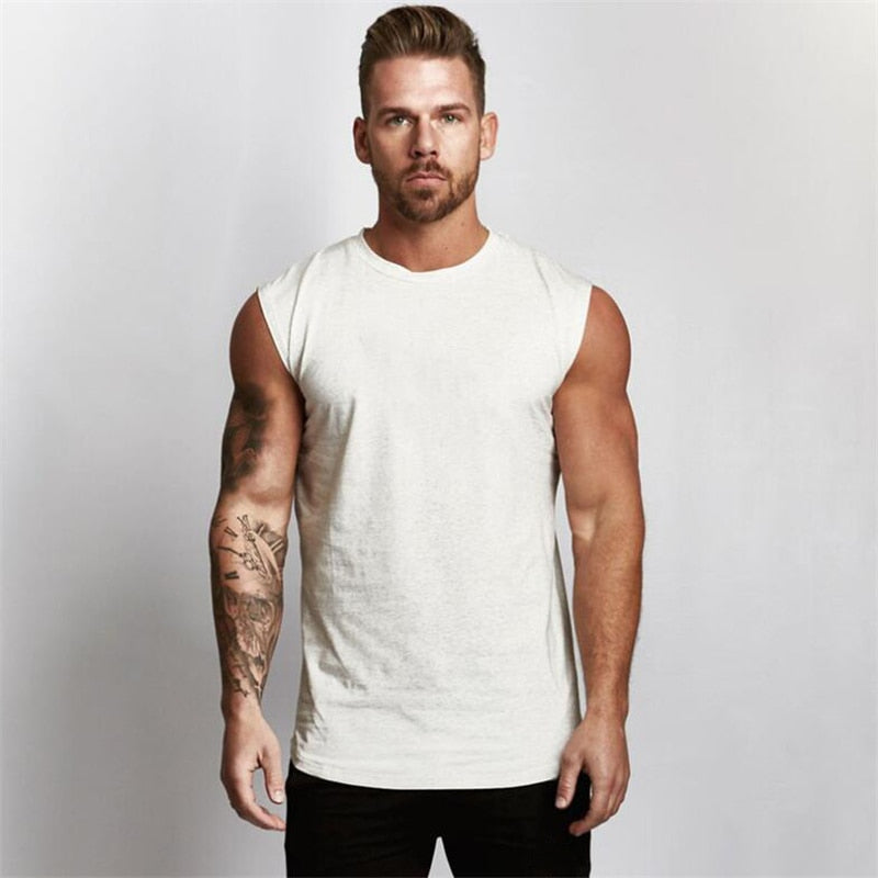 Men's Curved Hem Solid Color Gym Stringers Vest Bodybuilding Fitness Tanks Tops