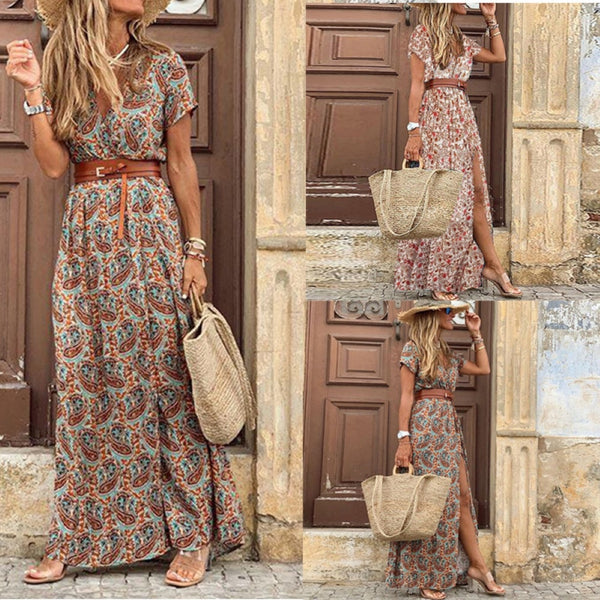 HOT SALE!! Boho V Neck Short Sleeve Paisley Print Long Summer Dress With Belt Large Hem