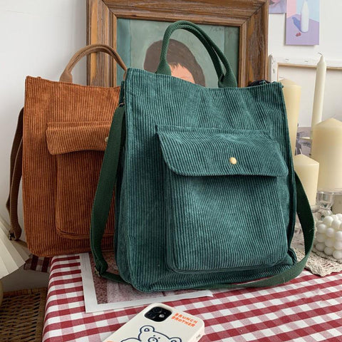 Vintage Corduroy Shoulder Bag with Zipper   Girls Student Bookbag   Handbags   Casual Tote With Outside Pocket