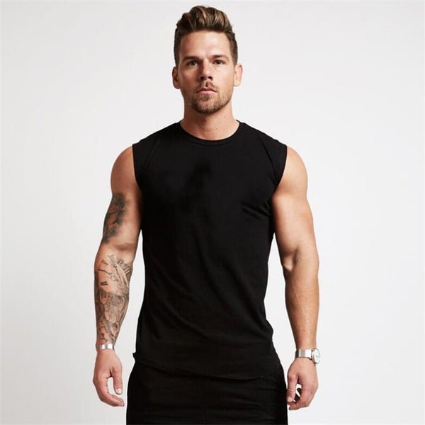 Men's Curved Hem Solid Color Gym Stringers Vest Bodybuilding Fitness Tanks Tops