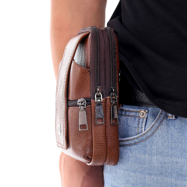 Men Leather Large Capacity Belt Bag Brown Shoulder Crossbody Multi-layer Buckle Mobile Phone Bag