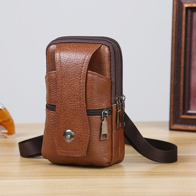 Men Leather Large Capacity Belt Bag Brown Shoulder Crossbody Multi-layer Buckle Mobile Phone Bag