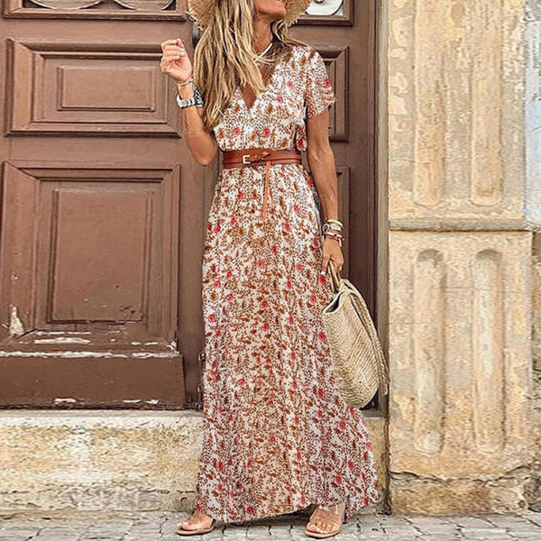 HOT SALE!! Boho V Neck Short Sleeve Paisley Print Long Summer Dress With Belt Large Hem