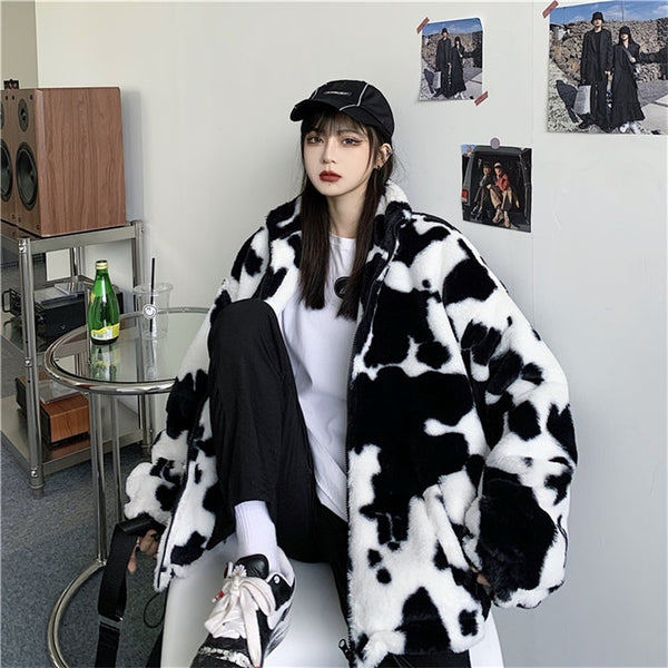 New Fashion Winter Coat Cows Printing Loose Full  Sleeves