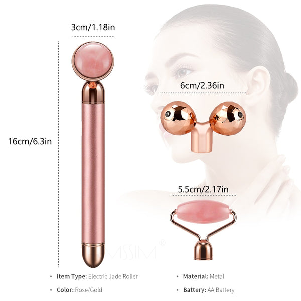 3 In 1 Electric Jade Slimming Face Massage Roller Lifting Vibrating Natural Rose Quartz Jade Roller Stone