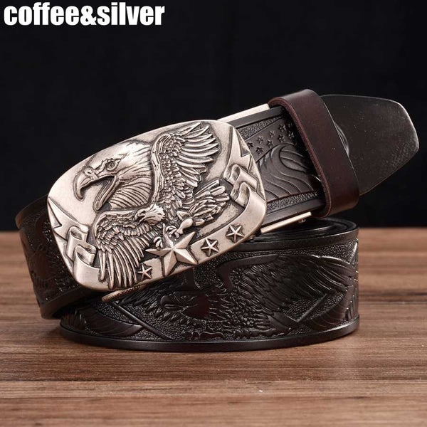 Men's Genuine Leather Belt Ratchet Automatic Buckle Wide:35mm