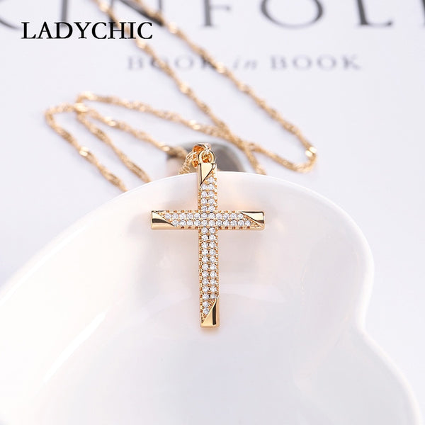 Gold Color Cross Charm Pendant Necklace with Austrian Zircon Crystals