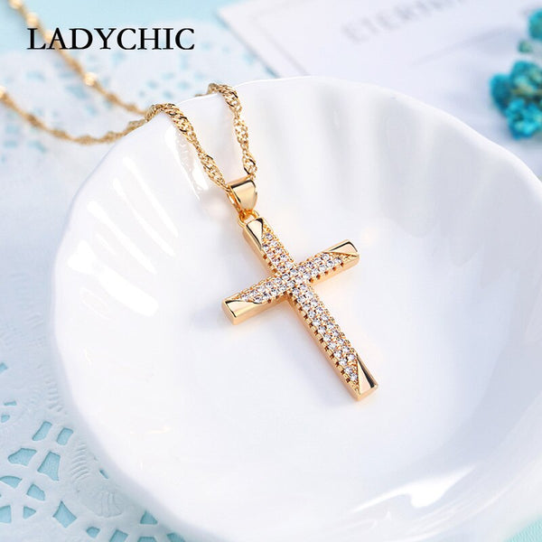 Gold Color Cross Charm Pendant Necklace with Austrian Zircon Crystals