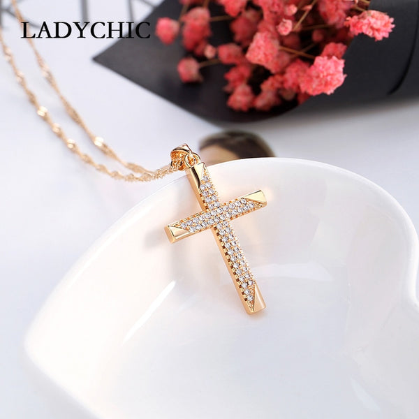 Gold Color Cross Charm Pendant Necklace with Austrian Zircon Crystals