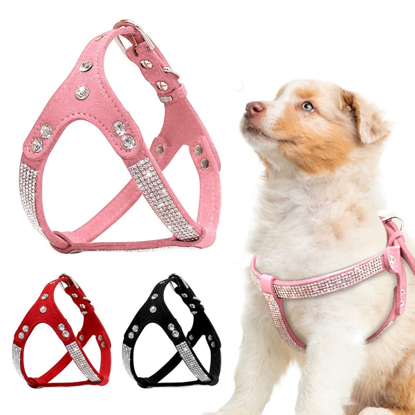 Soft Suede Leather Rhinestone Dog Harness   Harnesses For Small Medium Dogs