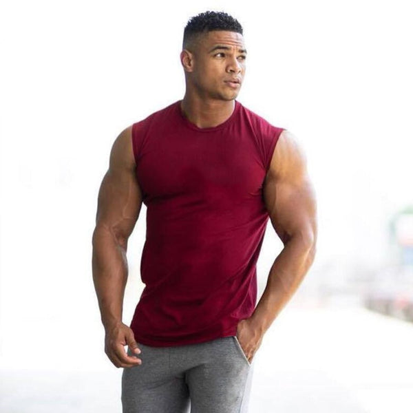 Men's Curved Hem Solid Color Gym Stringers Vest Bodybuilding Fitness Tanks Tops