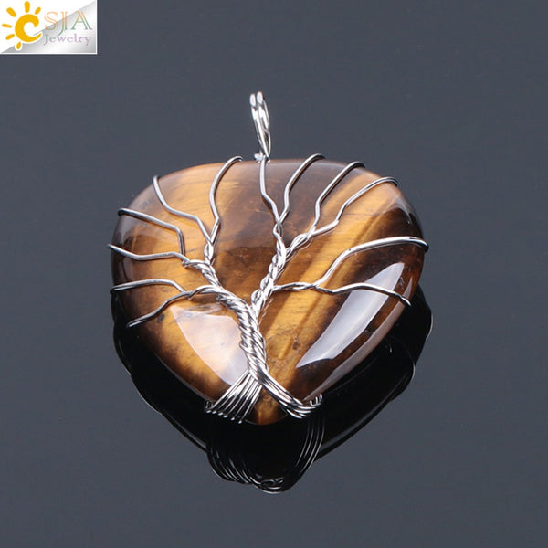 Tree of Life Wire Wrapped Love Heart Necklace  Pendant Suspension Natural Gem Stone Tiger Eye Pink Quartz Black Onyx