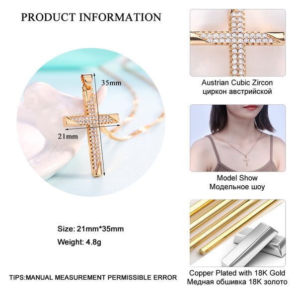 Gold Color Cross Charm Pendant Necklace with Austrian Zircon Crystals