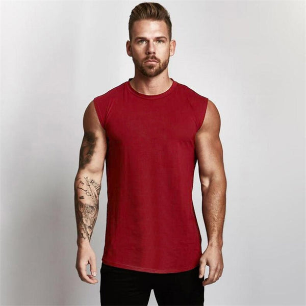 Men's Curved Hem Solid Color Gym Stringers Vest Bodybuilding Fitness Tanks Tops