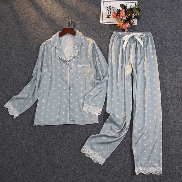 Summer Two-piece Pajamas Ice Silk Satin Thin Outwear Print with Lace