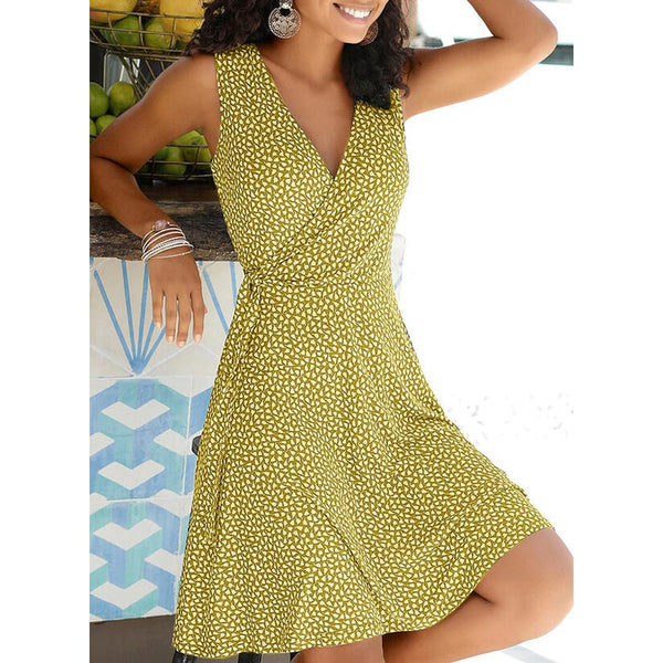 Casual Polka Dot V Neck Sleeveless Dress        Bandage Beach Summer Dress