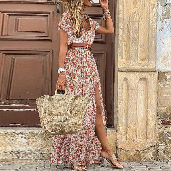 HOT SALE!! Boho V Neck Short Sleeve Paisley Print Long Summer Dress With Belt Large Hem