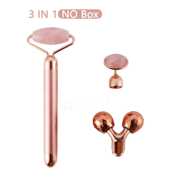 3 In 1 Electric Jade Slimming Face Massage Roller Lifting Vibrating Natural Rose Quartz Jade Roller Stone