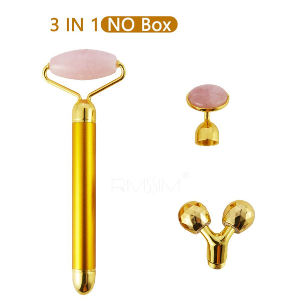 3 In 1 Electric Jade Slimming Face Massage Roller Lifting Vibrating Natural Rose Quartz Jade Roller Stone