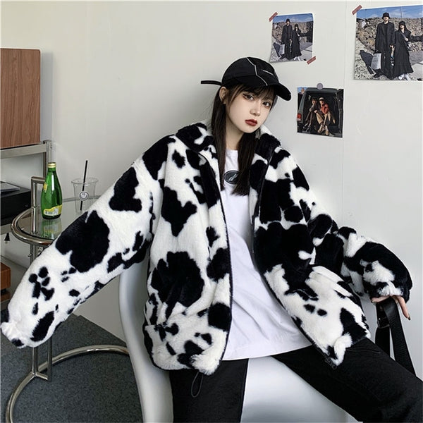 New Fashion Winter Coat Cows Printing Loose Full  Sleeves