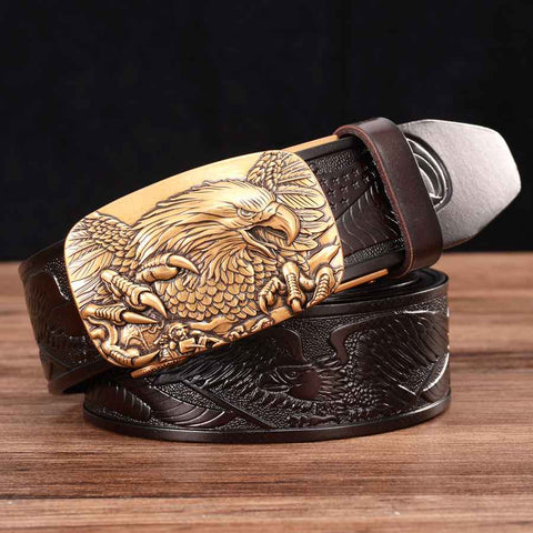 Men's Genuine Leather Belt Ratchet Automatic Buckle Wide:35mm