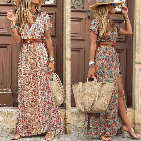 HOT SALE!! Boho V Neck Short Sleeve Paisley Print Long Summer Dress With Belt Large Hem