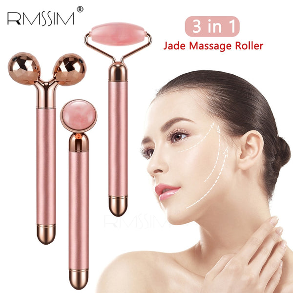 3 In 1 Electric Jade Slimming Face Massage Roller Lifting Vibrating Natural Rose Quartz Jade Roller Stone