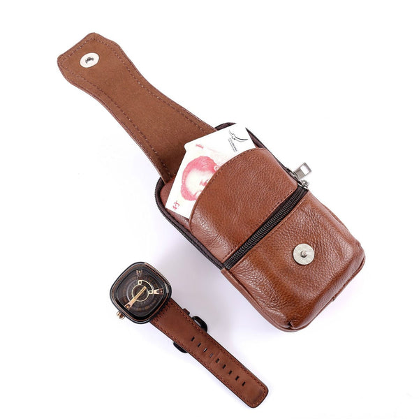 Men Leather Large Capacity Belt Bag Brown Shoulder Crossbody Multi-layer Buckle Mobile Phone Bag