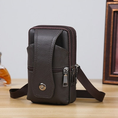 Men Leather Large Capacity Belt Bag Brown Shoulder Crossbody Multi-layer Buckle Mobile Phone Bag