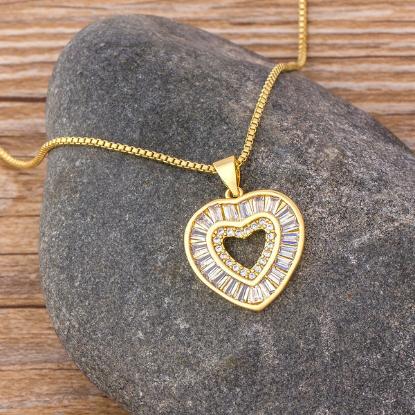 High Quality Romantic Heart Shape Pendant Necklace Copper Zirconia Stone Long Chain